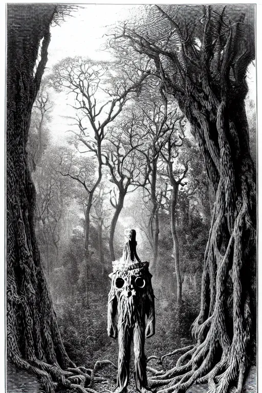 Prompt: wide angle flash photo of a creepy anthropomorphic creature hiding behind trees in a magic forest by Gustave Doré and Ernst Haeckel