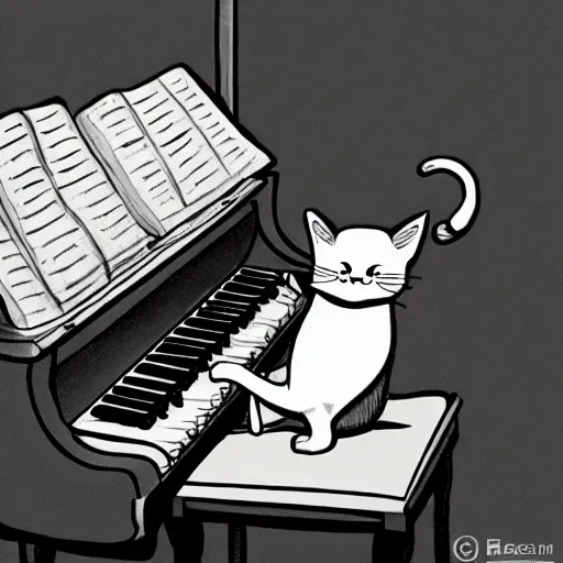 Image similar to cute cartoon cat playing the piano, style of moebius, james jean, mcbess, cinematic, highly detailed, award winning, 8 k photorealistic