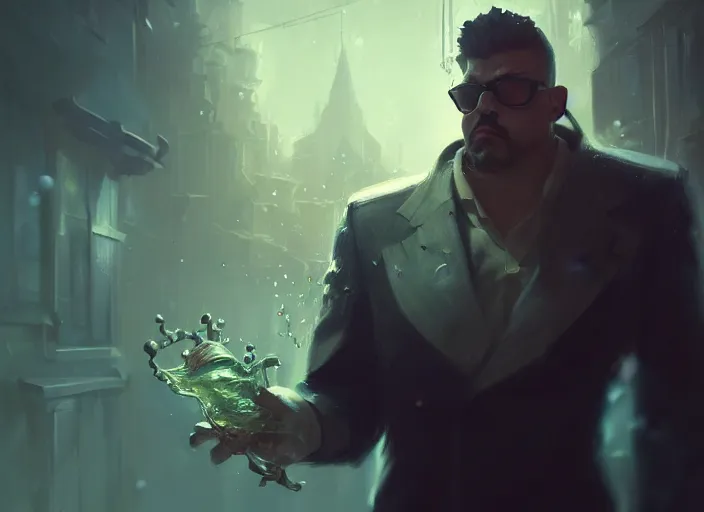 Prompt: amazing portrait of gangster spongebob, deiv calviz, splash art, natural light, elegant, intricate, fantasy, atmospheric lighting, by greg rutkowski, league of legends splash art, hd wallpaper, ultra high details