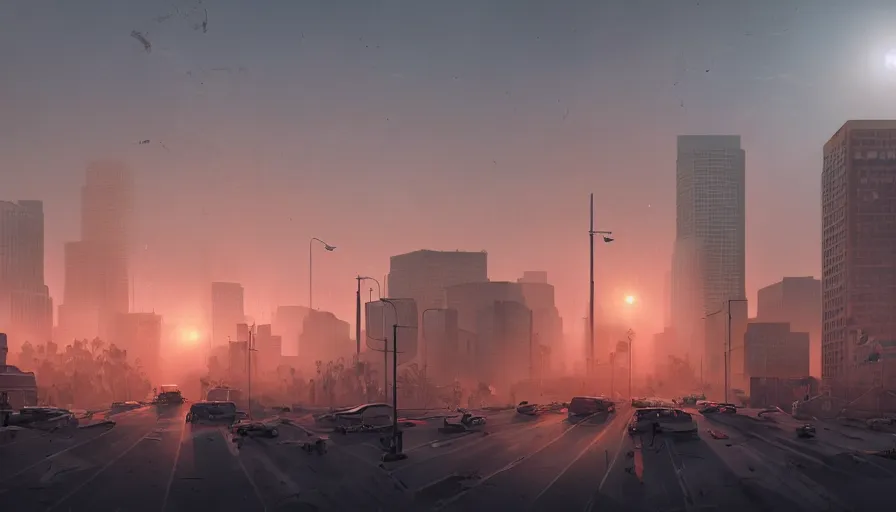 Prompt: damaged los angeles at sunset, light between the buildings, people fleeing the streets, ambulance and police cars in the streets, smoke fog, desolation, hyperdetailed, artstation, cgsociety, 8 k