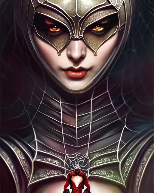 Prompt: portrait of spiderwoman, intricate ornate details, fantasy, elegant, highly detailed, digital painting, artstation, concept art, smooth, sharp focus, illustration, artbook, splash art, promo art, soul calibur, league of legends, art by artgerm and greg rutkowski and bo chen and jin xiaodi