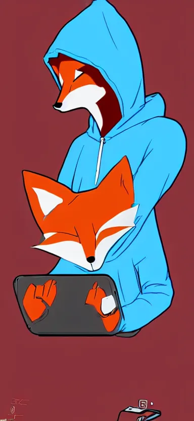 Image similar to a concept art of anthropomorphic fox in a blue hoodie hacking a portable computer, artstation, digital art, oc commission, style by studio gainax