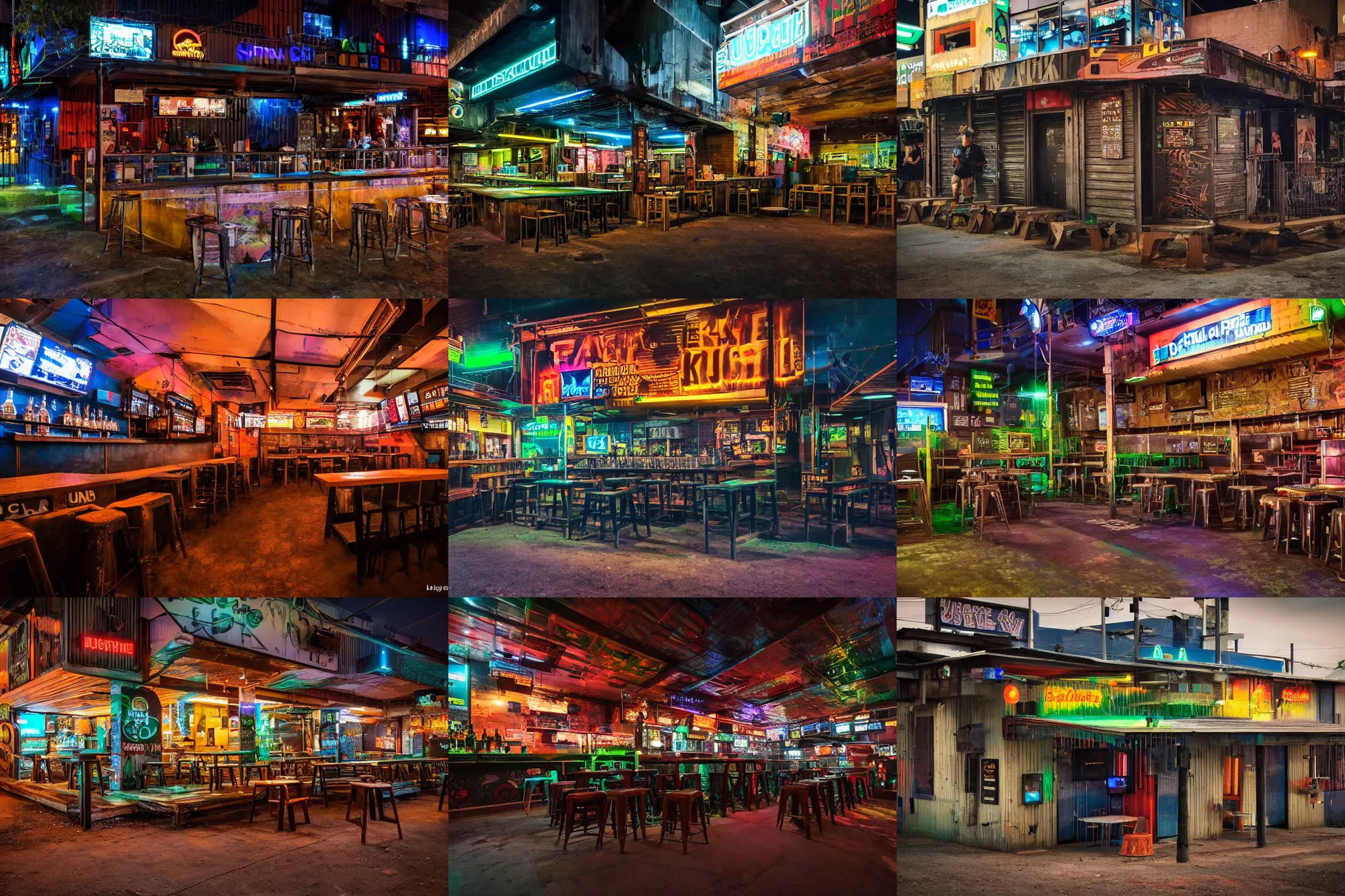 Prompt: a lone outback australian cyberpunk pub made of favelas in the year 2 0 9 7, ultra realistic, photograph, bokeh, depth of field