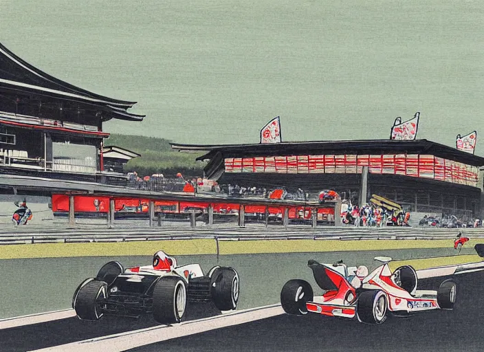 Image similar to ukiyo - e painting of formula 1 cars at circuit de spa - francorchamps