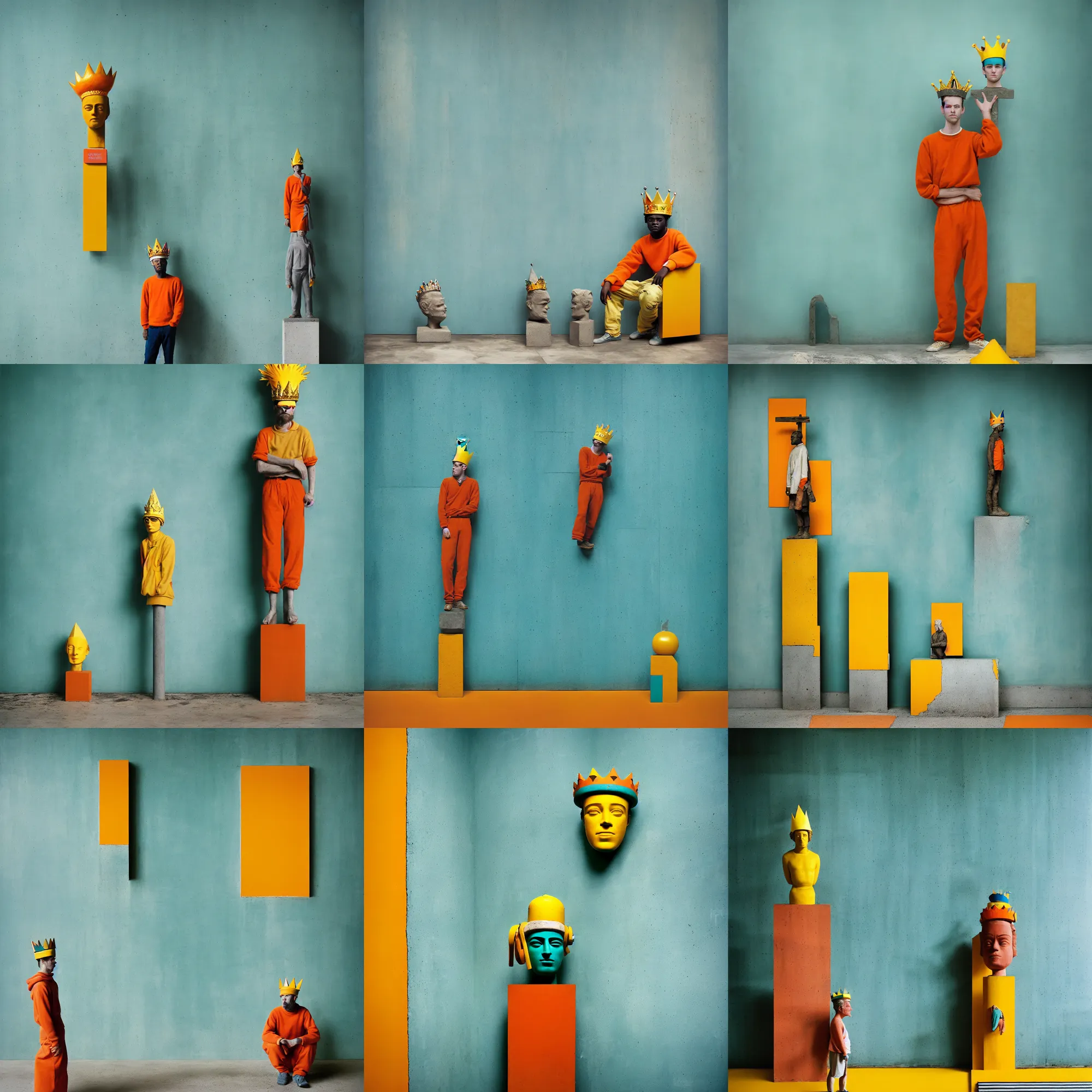 Image similar to kodak portra 4 0 0, 8 k, shot of a highly detailed, britt marling style, colour still - life portrait of a large minimalistic room, rough concrete walls, a single rough carved wooden teal and orange striped coloured statue is standing on a concrete podest with a yellow crown on his head, muted colours