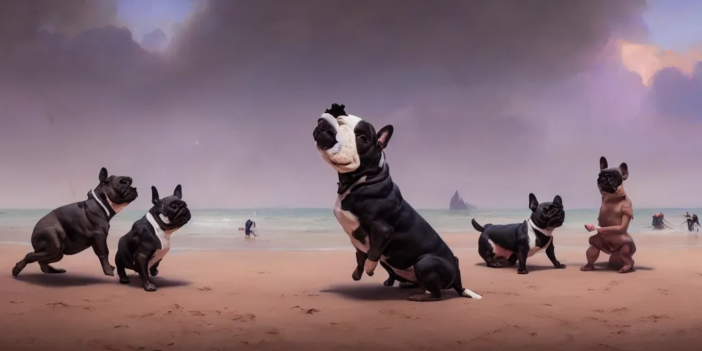 Prompt: french bulldogs playing on the beach, mythology, extremely detailed digital painting, in the style of dali, jheronimus bosch and ruan jia and jeremy lipking and peter mohrbacher, mystical colors, edge light, beautiful lighting, 4 k, stunning scene, ray tracing, octane, trending on artstation