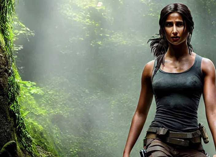 Image similar to film still of!!!! naomi scott!!! as lara croft in new tomb raider movie, 8 k