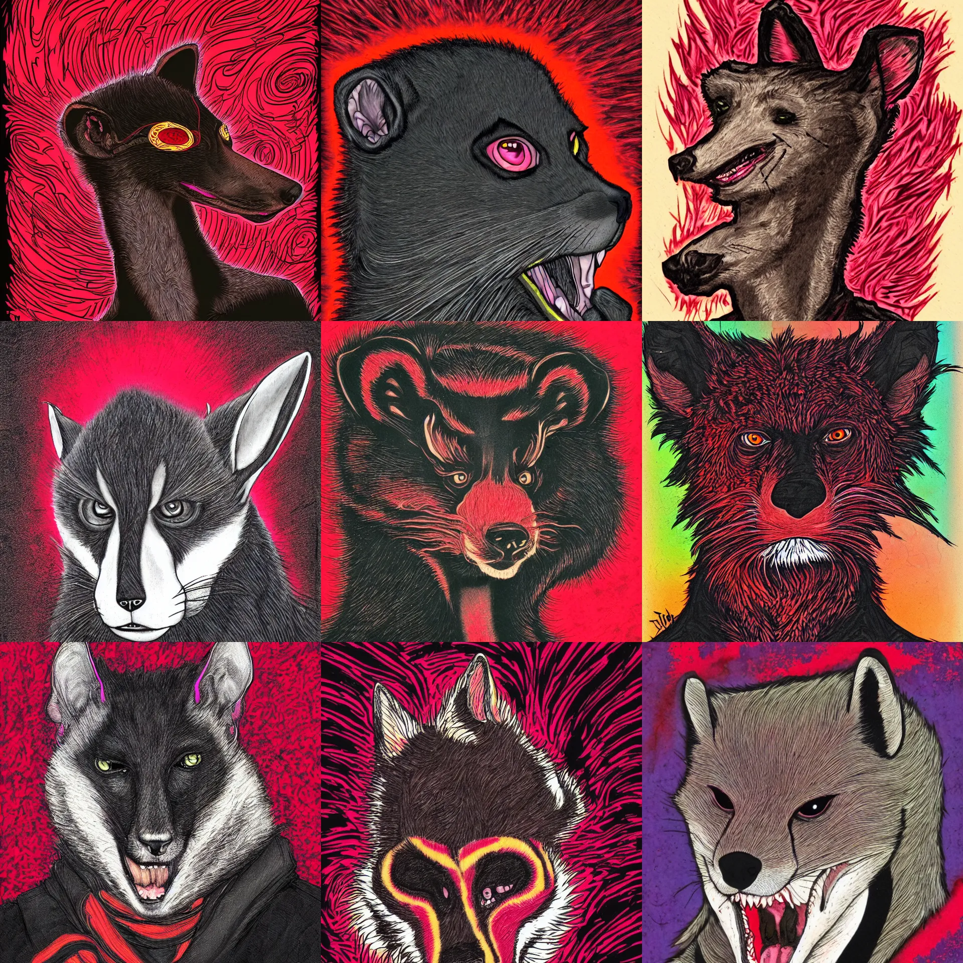 Image similar to handsome weasel fursona portrait, male, red - black, dark psychedelia style, refer to late timothy leary, schizophrenic art. dark and smoky