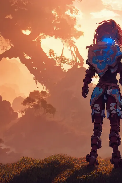 Image similar to combination suit armor aloy horizon forbidden west horizon zero dawn robot ninja mask helmet backpack tribal, aesthetic octane render, 8 k hd resolution, by ilya kuvshinov and cushart krentz and gilleard james radiating a glowing aura cgi rtx 2 0 2 2