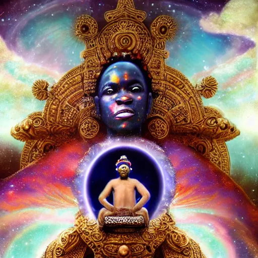 Prompt: obatala the cosmic god sitting on a throne of nebula clouds, by amanda clark, matte painting, orisha, 8k, hd