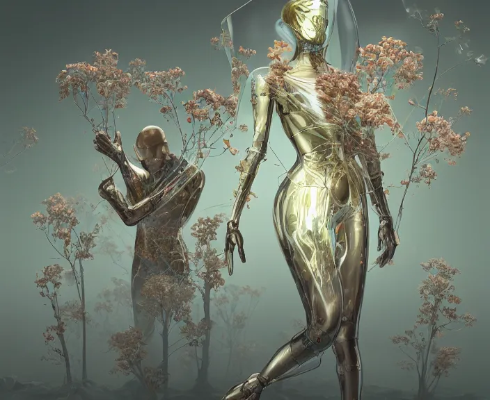 Image similar to simplicity, transparent clear see - through image of simple robots, floral environment, ultra realistic, concept art, minimalism, photorealistic, octane render, 8 k, unreal engine. art by gustave dore and nori inoguchi and sam kaplan and zachary goulko and christopher marley and artgerm and alphonse mucha