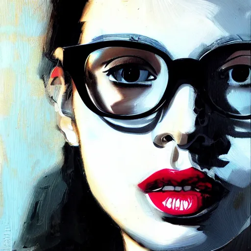 Prompt: a modern painting of a nerdy young woman with big glasses in the style of tim bradstreet, sharp focus, realism, intricate detail