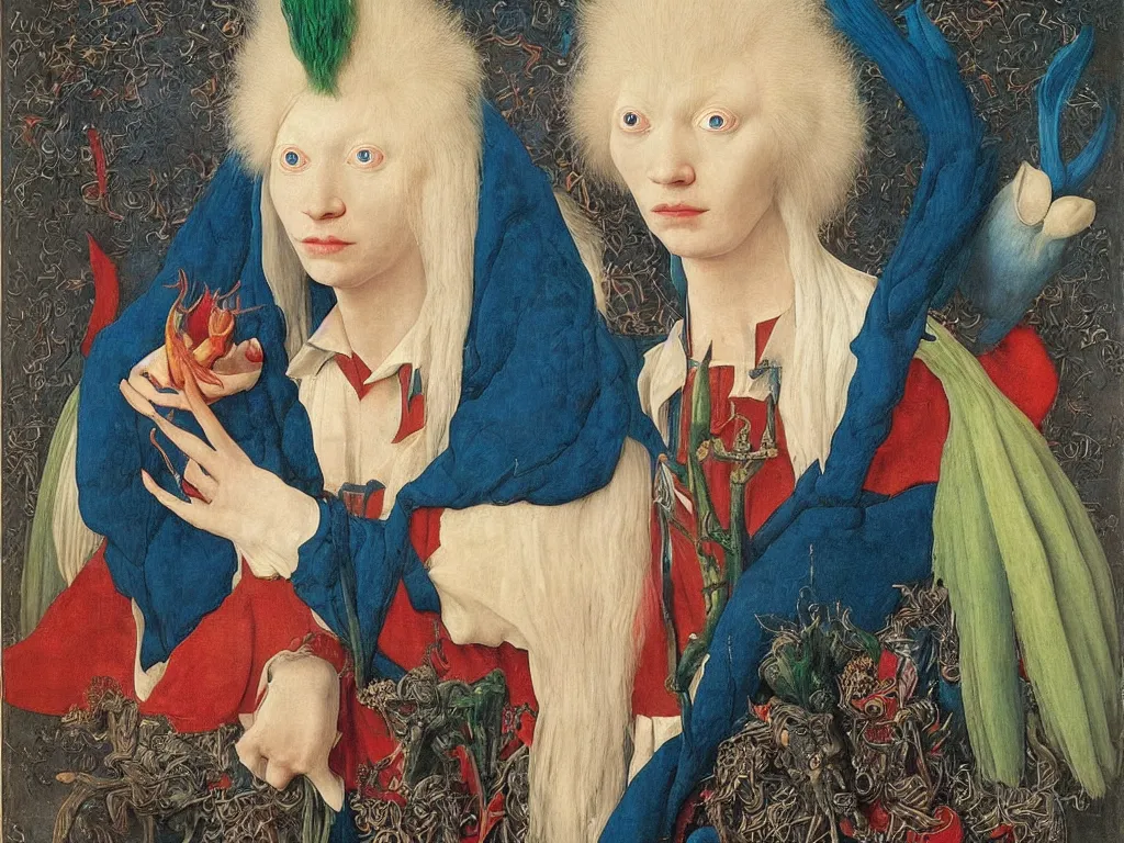 Image similar to Portrait of albino mystic with blue eyes, with beautiful exotic flabellina iodinea. Painting by Jan van Eyck, Audubon, Rene Magritte, Agnes Pelton, Max Ernst, Walton Ford