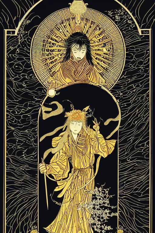 Prompt: highly-detailed vector image of a tarot card by takato yamamoto. natural light, light leaks. 8K HD wallpaper. Black 2.0, metallic gold, metallic silver color scheme.