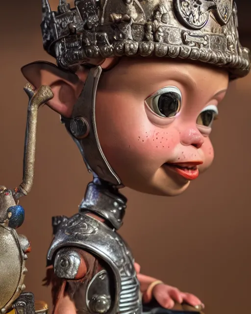 Image similar to highly detailed closeup, face profile portrait of a tin toy greta thunberg as a medieval goblin eating cakes in a castle, bikini, depth of field, nicoletta ceccoli, mark ryden, lostfish, dan decarlo, bob clampett, max fleischer, detailed and intricate environment, 8 k resolution, hyperrealistic, octane render