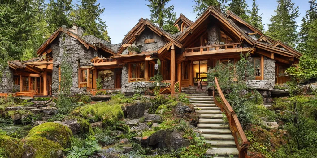 Image similar to residence in the style of rivendell, pacific northwest