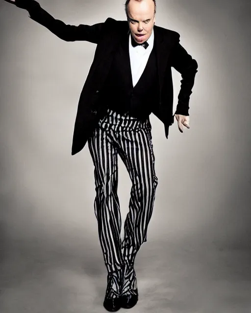 Image similar to photoshoot of michael keaton as beetlejuice, photoshoot in the style of annie leibovitz