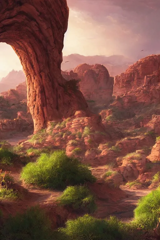 Image similar to beautiful utah desert, rock arcs, lush vegetation, landscape, alex ross, eddie mendoza, raphael lacoste, sebastian ludke, concept art, matte painting, highly detailed, rule of thirds, dynamic lighting, cinematic, detailed, magnificiant landscape, denoised, centerd