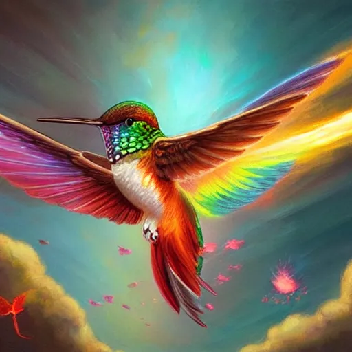 Image similar to cute flying hummingbird phoenix, embers surrounding her wings, shining rainbow feathers, smooth features, on fire, highly stylized, digital painting, artstation, concept art, smooth, soft focus, beautiful rainbow colors, illustration, hummingbird phoenix art by Artgerm and greg rutkowski