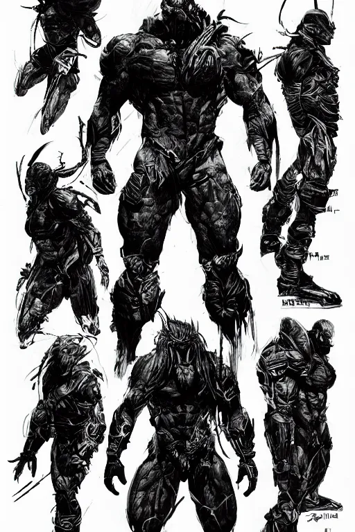 Image similar to predator concept art by yoji shinkawa, character concept sheet, white background, ink, trending on artstation, sharp focus, illustration, concept art, 8 k