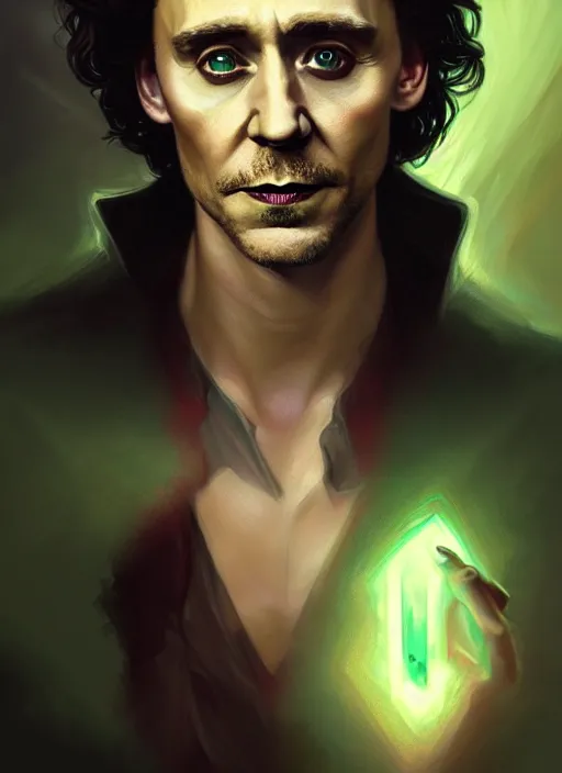 Prompt: portrait of tom hiddleston as a sultry vampire lord, damon salvatore, jewelry, greek, emerald, intricate, headshot, highly detailed, digital painting, artstation, concept art, sharp focus, cinematic lighting, illustration, art by artgerm and greg rutkowski, alphonse mucha, cgsociety