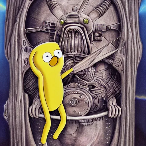 Prompt: adventure time with finn and jake detailed airbrush photograph by h. r. giger