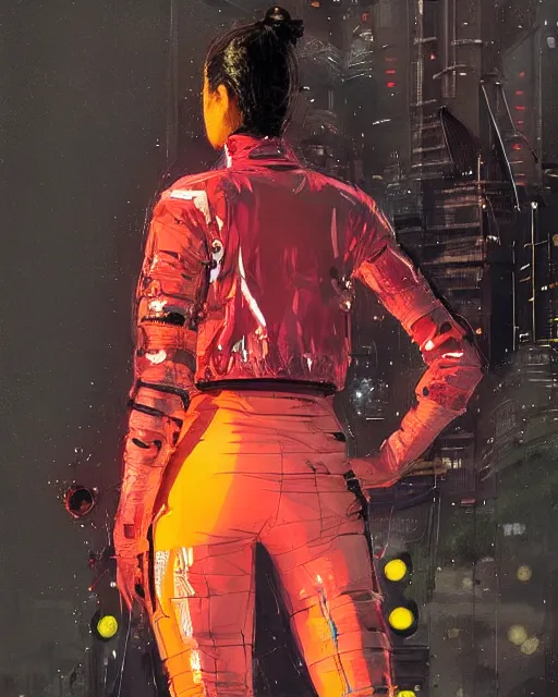 Image similar to detailed portrait Neon guard woman with very short dark hair seen from the back, cyberpunk futuristic, reflective puffer jacket, black leggings, decorated with traditional ornaments in front of a dystopian crowd with piles of garbage by Ismail inceoglu dragan bibin hans thoma, Perfect face, fine details, realistic shaded, fine-face, pretty face