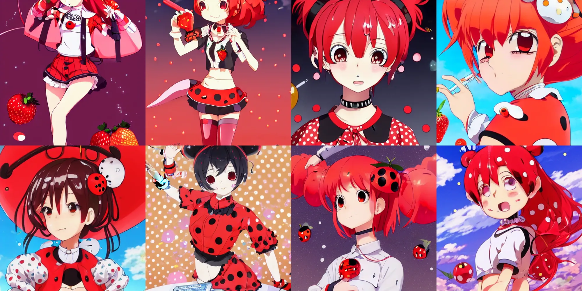 Prompt: anime key visual of a ladybug girl gijinka with red hair and space buns thick eyebrows and antennas wearing a red crop top with polkadots and a strawberry choker and a transparent coat sitting at a desk by ilya kuvshinov and peter paul rubens