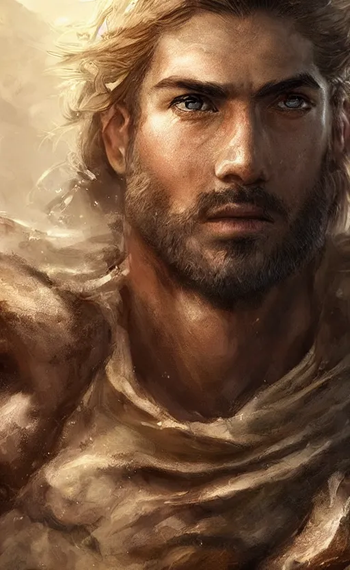 Prompt: Portrait of a rugged ranger, male, muscular, straight nose!!!, detailed face, handsome, simple clothing!!!!!, fantasy, medieval, highly detailed, cinematic lighting, digital art painting by jia ruan