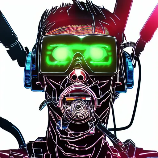 Prompt: Male cyborg, battle-damaged, wearing facemask and sunglasses, backlit by neon, headshot, cyberpunk, wires, cables, lenses, gadgets, Digital art, detailed, anime, artist Katsuhiro Otomo