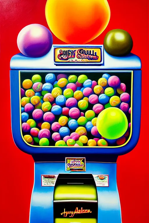 Prompt: a hyperrealistic painting of a gross gum ball machine with ugly prizes, cinematic horror by jimmy alonzo, the art of skinner, chris cunningham, lisa frank, richard corben, highly detailed, vivid color,