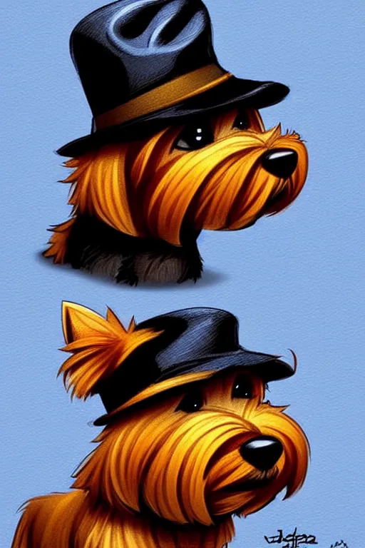 Image similar to the cutest yorkshire terrier detective wearing a fedora hat by Joe Madureira and Johannes Helgeson, trending on artstation, ominous, mysterious