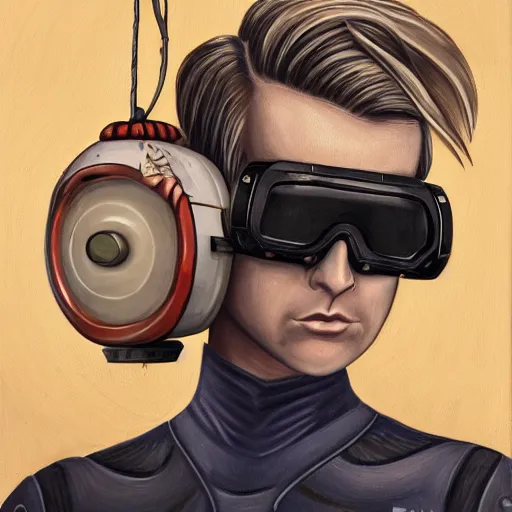 Image similar to painting of square - jawed emotionless serious blonde woman starship engineer, tribal tattoos, handsome, short slicked - back hair, sweating, uncomfortable and anxious, looking distracted and awkward, wearing victorian dark goggles, white tank top, cargo pants, and gloves, small spacecraft in background, highly detailed, mike mignogna, trending on artstation