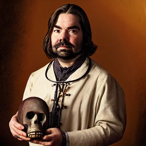 Image similar to a portrait of matt berry as a medieval doctor holding a skull, pixar, dark fantasy
