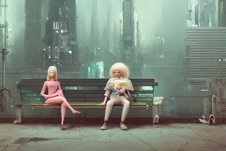 Image similar to a blonde woman with a ragdoll cat sitting next to each other on a bench, cyberpunk art by mike winkelmann, trending on cgsociety, retrofuturism, reimagined by industrial light and magic, darksynth, sci - fi