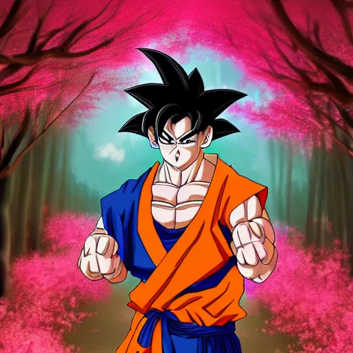 Prompt: Goku samurai in a spring forest full of pink petals, digital art, trending on artstation, HDR