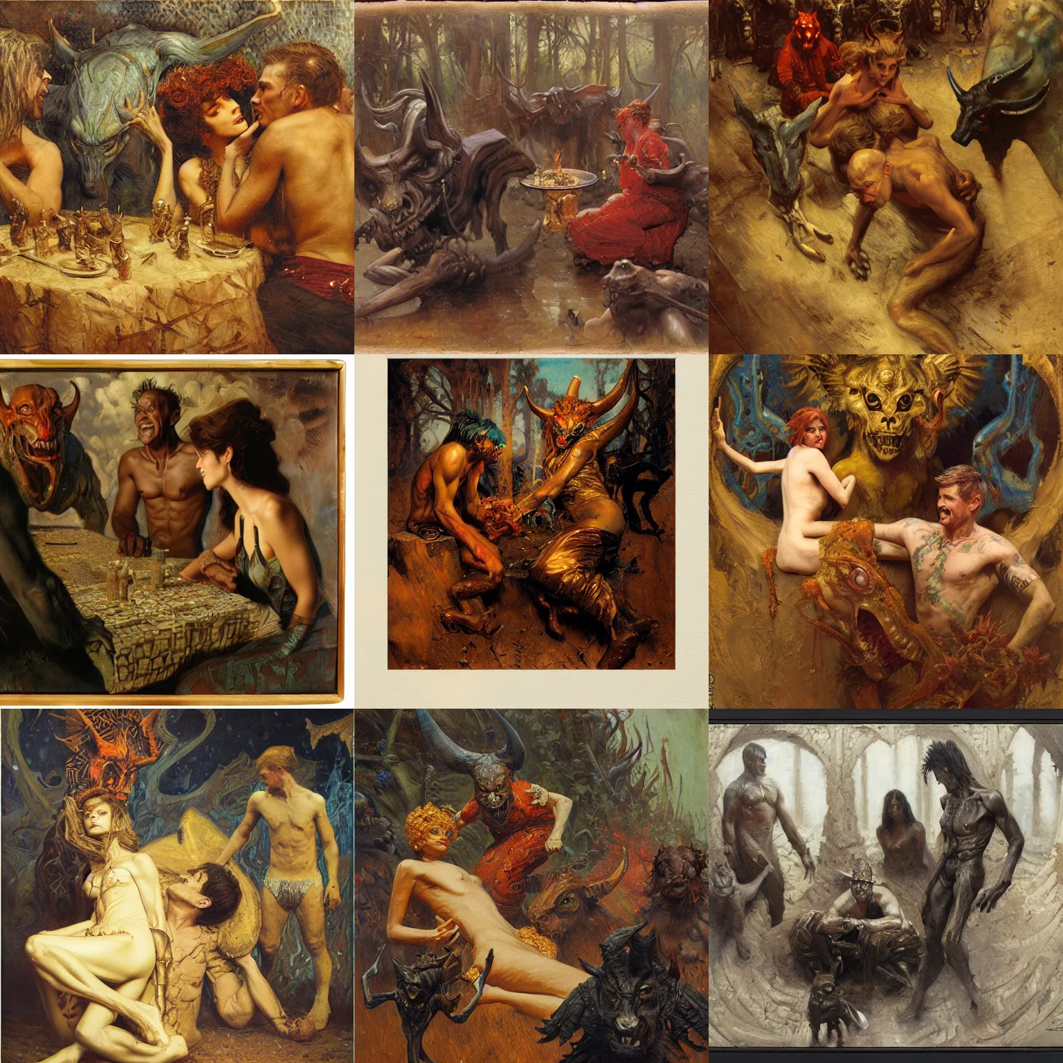 Prompt: surreal piece titled a meating between demons and devils, female, highly detailed oil on watercolor wood block print by gaston bussiere, craig mullins, j. c. leyendecker 8 k