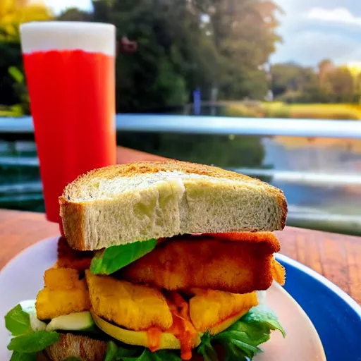 Image similar to sandwich with fried tofu, also one tomato slice, two onion rings, avocado and cheddar, over a dish and over a table, outside with a sunsed and rainbow in the background with saturn and stars in the sky, amazing light