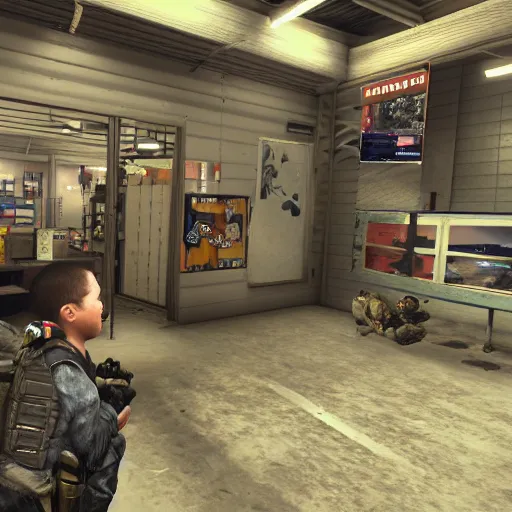 Image similar to screenshot of video game, call of duty, inside elementary school, children are sat down