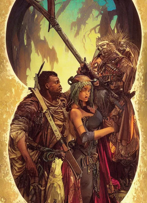 Prompt: hyper realistic photography portrait of postapocalyptic medieval religious occult african amazon cinematic, brom, mucha, moebius, juan gimenez