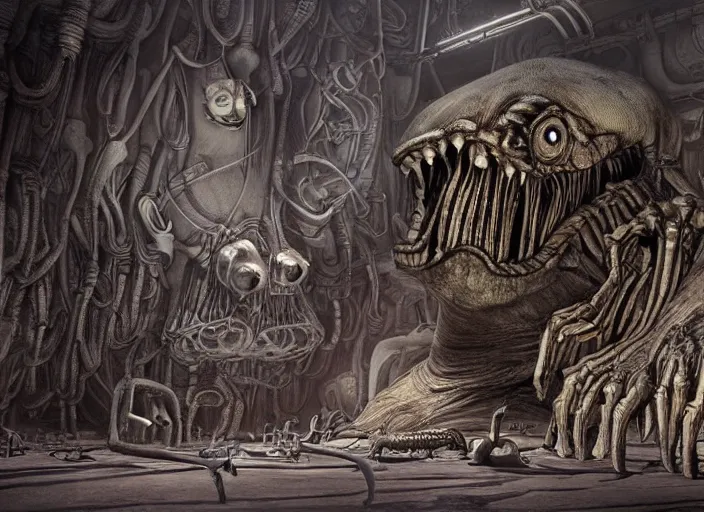 Prompt: Monster\'s Inc by Pixar and H R Giger