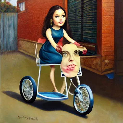 Prompt: Ariana Greenblatt on a tricycle, lowbrow painting by Mark Ryden