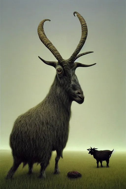 Image similar to painting of hybrid between human andy milonakis and a goat, by zdzislaw beksinski, by tiffany bozic, cold hue's, warm tone gradient background, concept art, beautiful composition, digital painting