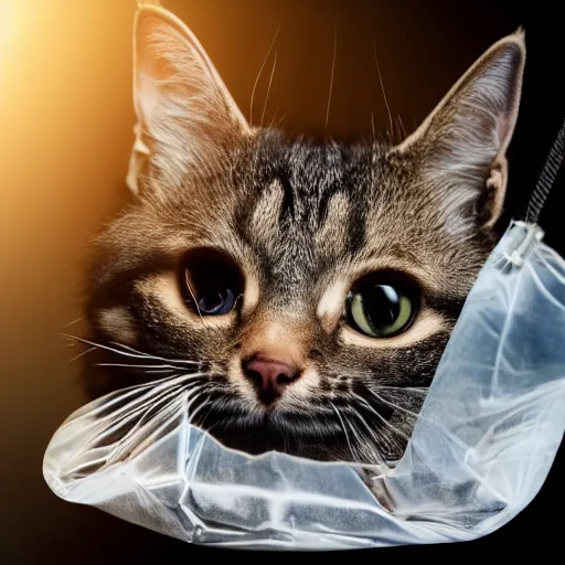 Prompt: a highly detailed photo of multiple furry cats inside a transparent bag, white background, studio lighting, 4 k, 8 k