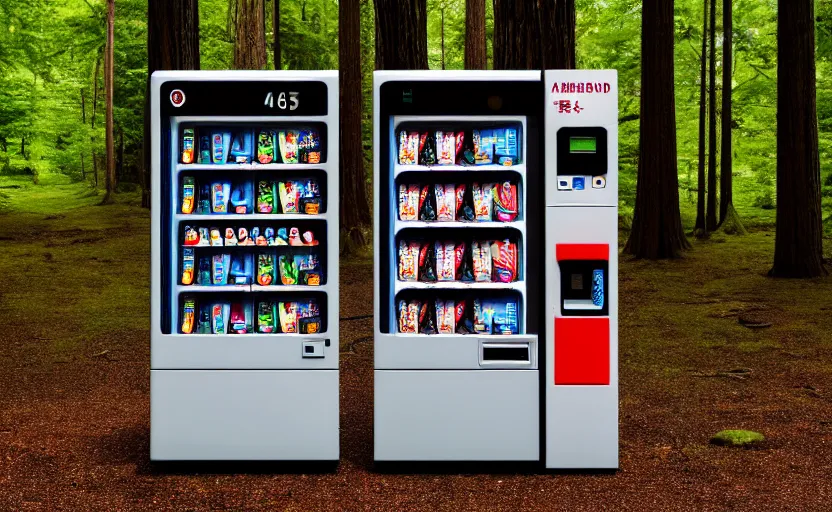 Image similar to photograph of Japanese vending machine in the middle of a forest, one point perspective, 1-point perspective, tilt shift, sigma 85mm f/1.4, 4k, depth of field, high resolution, 4k, 8k, hd, full color