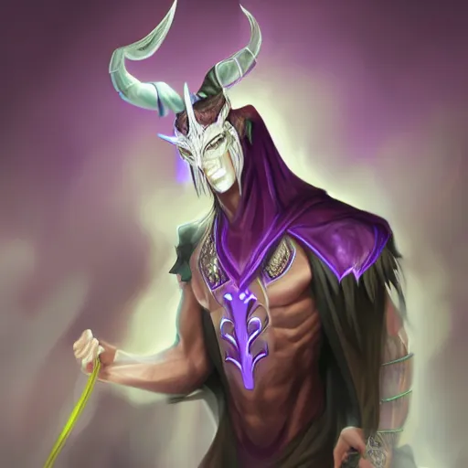 Prompt: fit male demon with white horns, young, purple cloak , still, digital painting, trending on artstation, masterpiece, in the style of JB Casacop