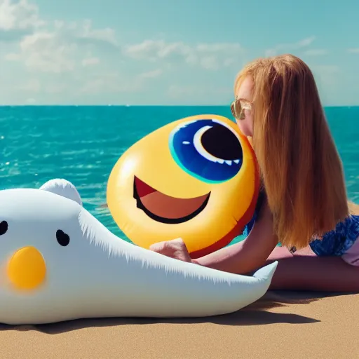 Prompt: cute fumo plush of a girl on the beach with a large inflatable dolphin, lens flare, vray