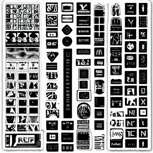 Image similar to black on white graphic design sticker sheet in style of david rudnick, eric hu, guccimaze, acid, y 2 k, 4 k sharpening,