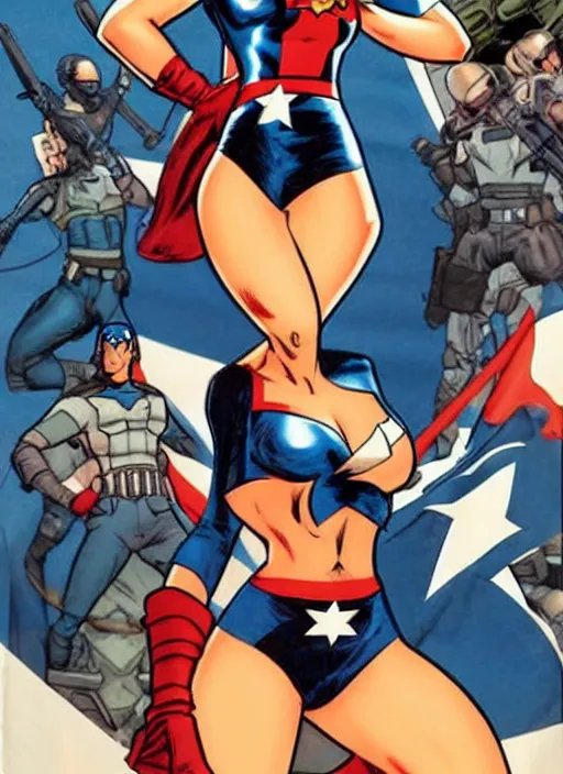 Image similar to arab female captain america. feminist captain america wins wwii. american wwii propaganda poster by masamune shirow, rob liefeld and pixar. gorgeous face. pin up model. overwatch.