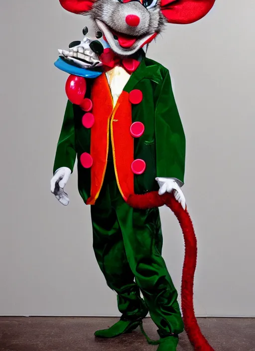 Prompt: Chuck E. Cheese mascot high quality 2013 circus portrait of an anthropomorphic rat animatronic dressed like a clown, professional portrait, Chuck E. Cheese head, authentic, mouse character, costume weird creepy, off putting, nightmare fuel, Chuck E. Cheese, abandoned building,